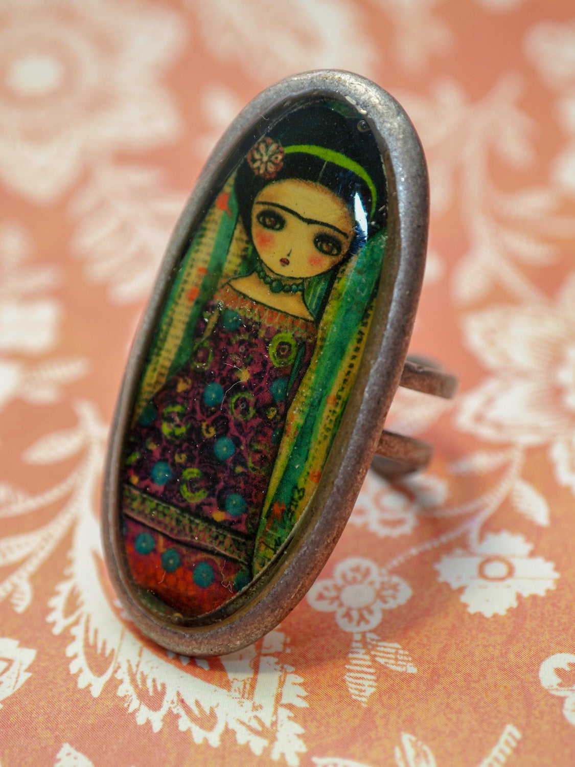 FRIDA WITH FLOWERS - Blooming Frida on a handmade ring by Danita, Jewelry by Danita Art