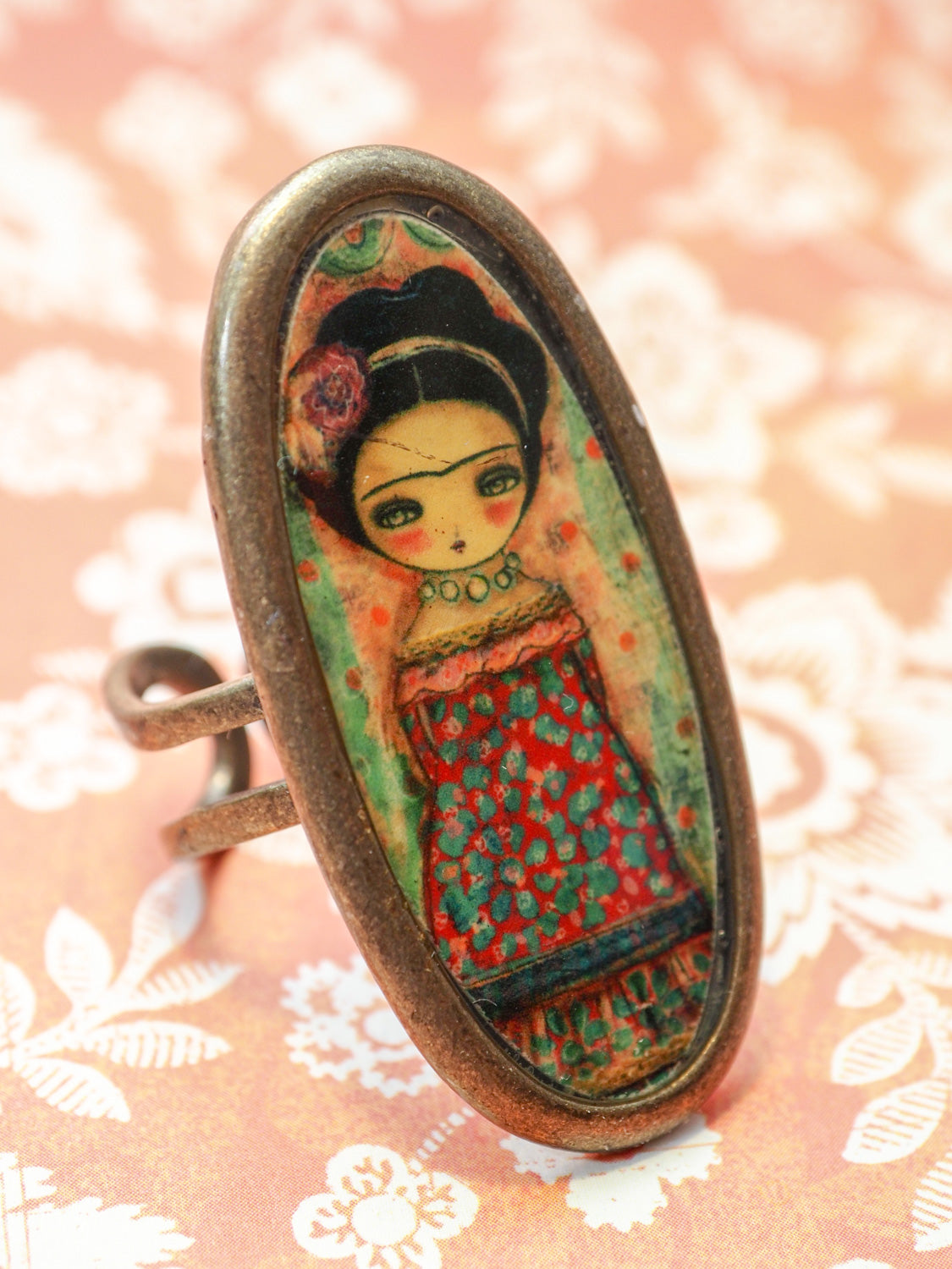 FRIDA IN A RED DRESS -  Frida blooms with a flowery dressing a  handmade ring by Danita, Jewelry by Danita Art