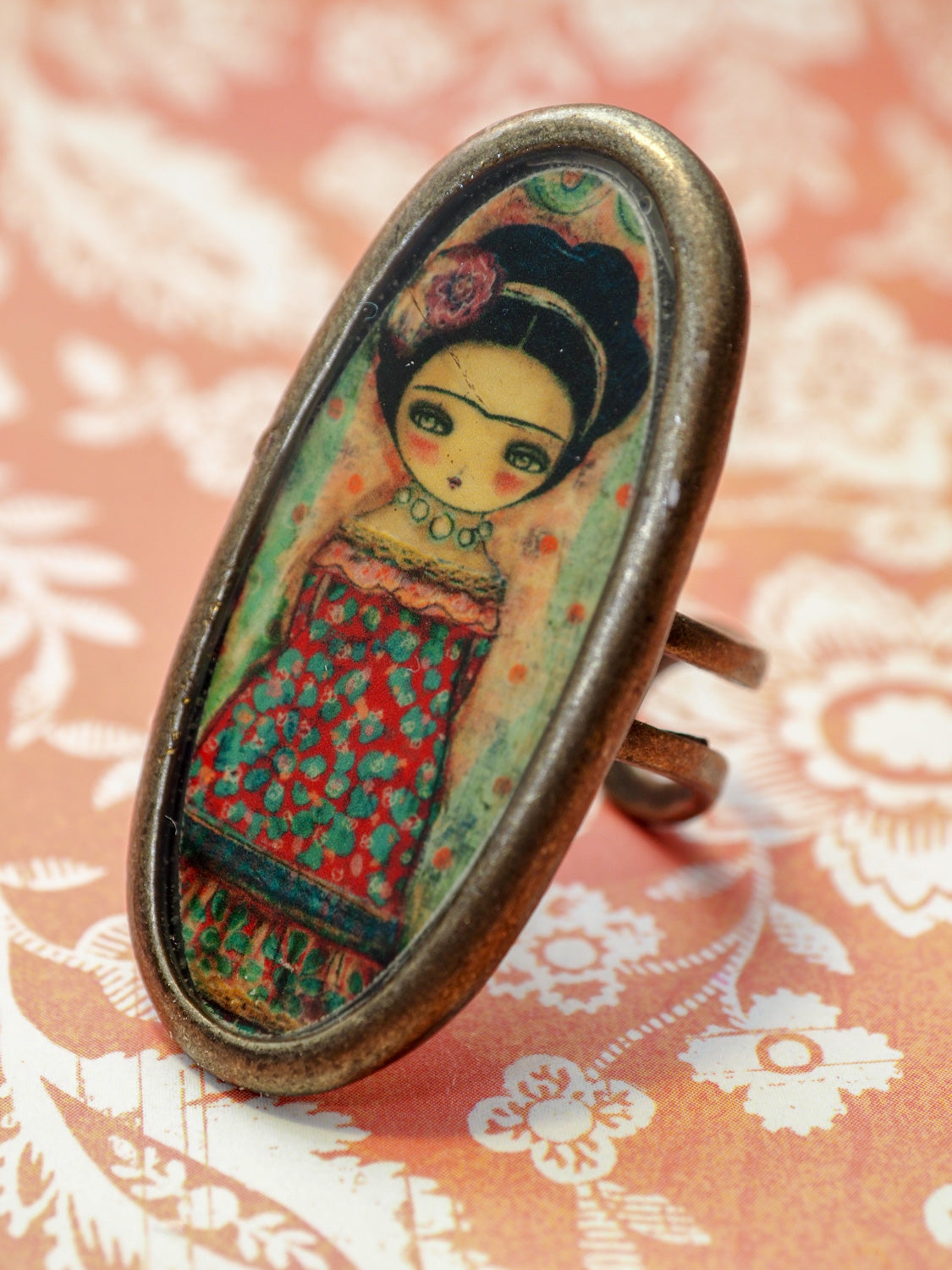 FRIDA IN A RED DRESS -  Frida blooms with a flowery dressing a  handmade ring by Danita, Jewelry by Danita Art