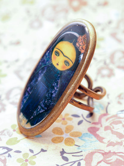 FRIDA IN AN PURPLE DRESS -  A dark Frida on a ring by Danita, Jewelry by Danita Art
