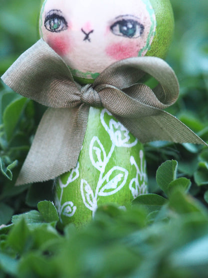 A kokeshi art doll handmade by Danita. Easter bunny rabbits with paper clay sculpted ears want to live with you this Spring time!