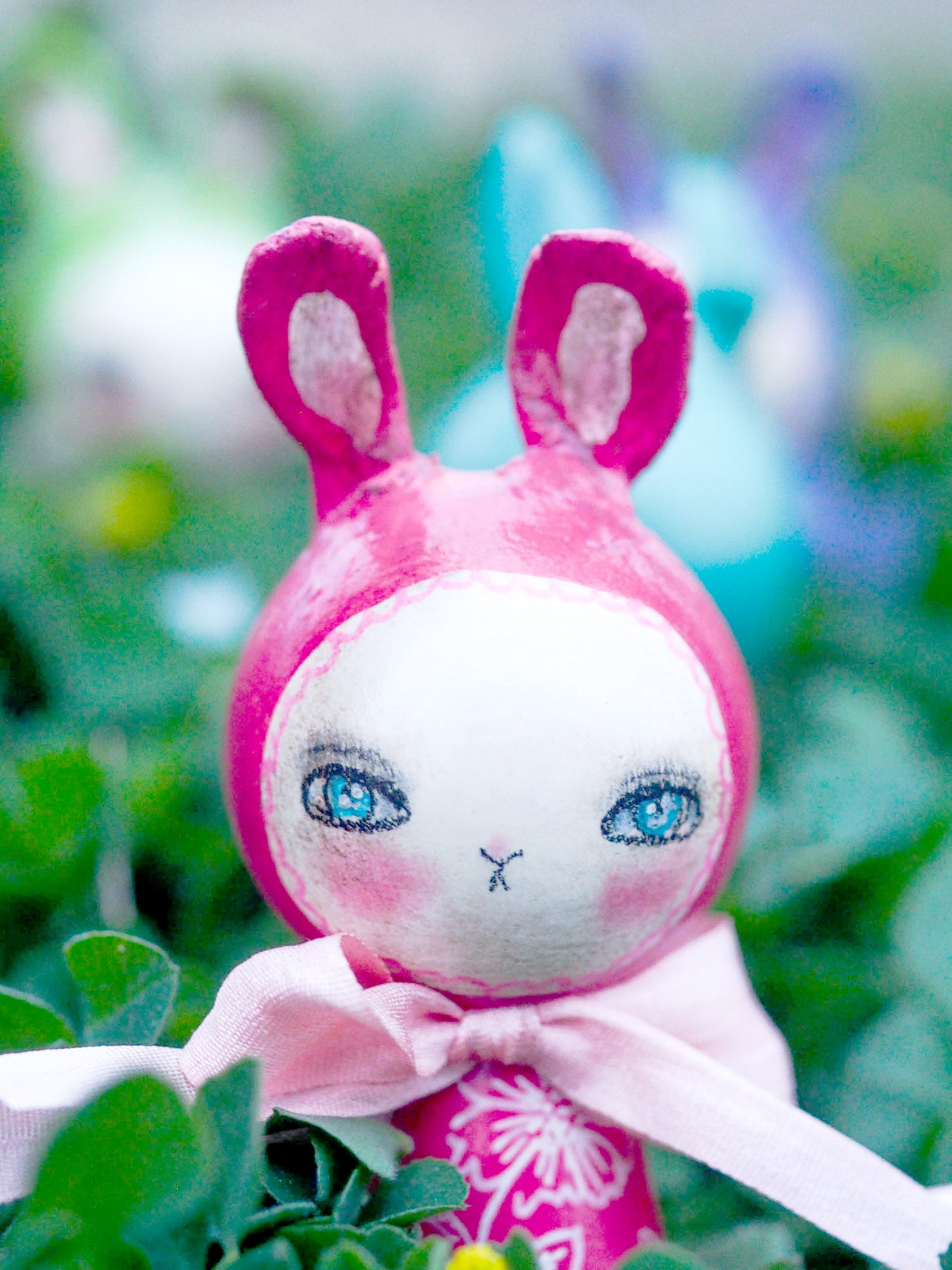 A kokeshi art doll handmade by Danita. Easter bunny rabbits with paper clay sculpted ears want to live with you this Spring time!