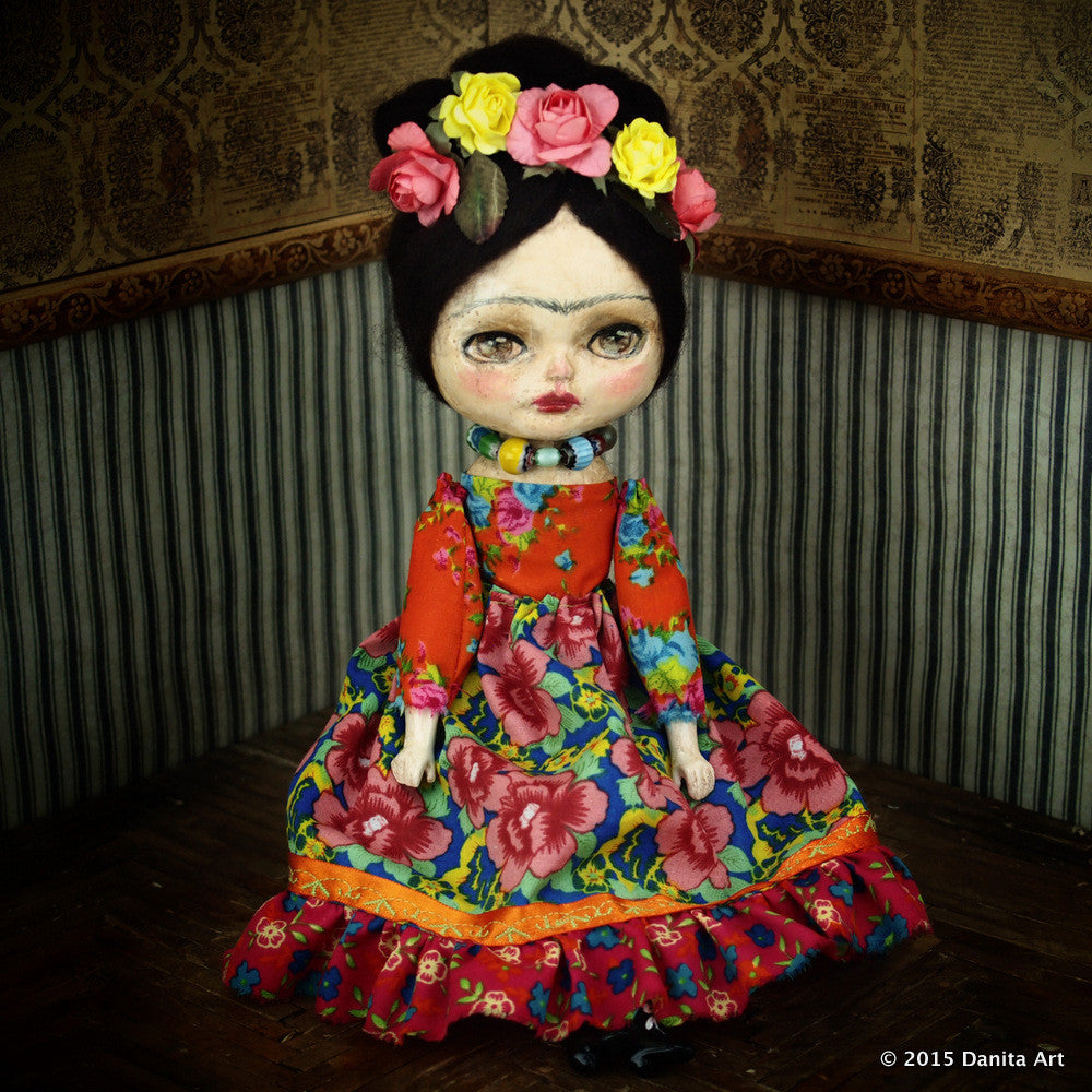 Frida in a colorful dress, Art Doll by Danita Art
