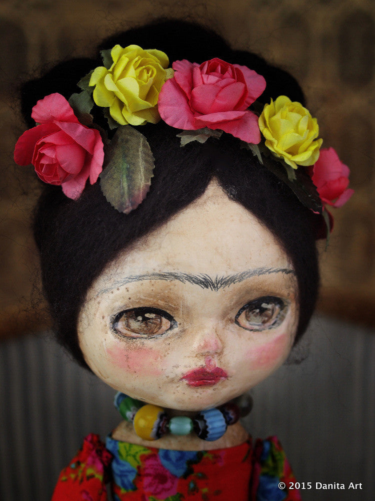 Frida in a colorful dress, Art Doll by Danita Art