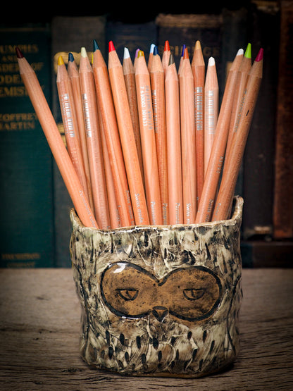 Original handmade ceramic artist brush and pencil holder cute owl by Idania Salcido, Danita Art. A unique ceramic artwork designed and hand built Idania Salcido. A beautiful handmade touch to any artist's studio with handmade glazed ceramic good for watercolors acrylics inks and oil paints. Clean with water or mineral spirits.