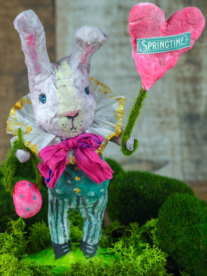 Spring always inspires Danita to make beautiful handmade decorations for when the flowers start to bloom, just like this 10" spun cotton handmade bunny rabbit art doll by Danita, hand painted and dressed in a beautiful striped suit and a wonderful silk bow.