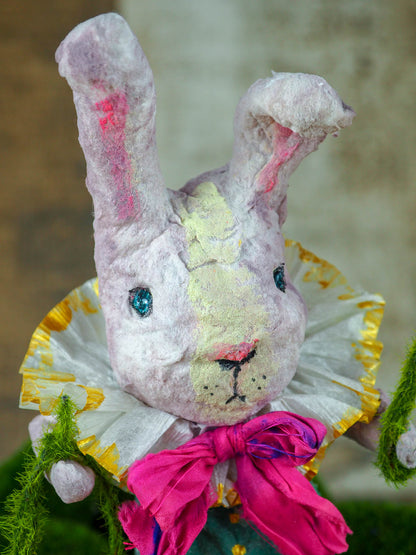 Spring always inspires Danita to make beautiful handmade decorations for when the flowers start to bloom, just like this 10" spun cotton handmade bunny rabbit art doll by Danita, hand painted and dressed in a beautiful striped suit and a wonderful silk bow.
