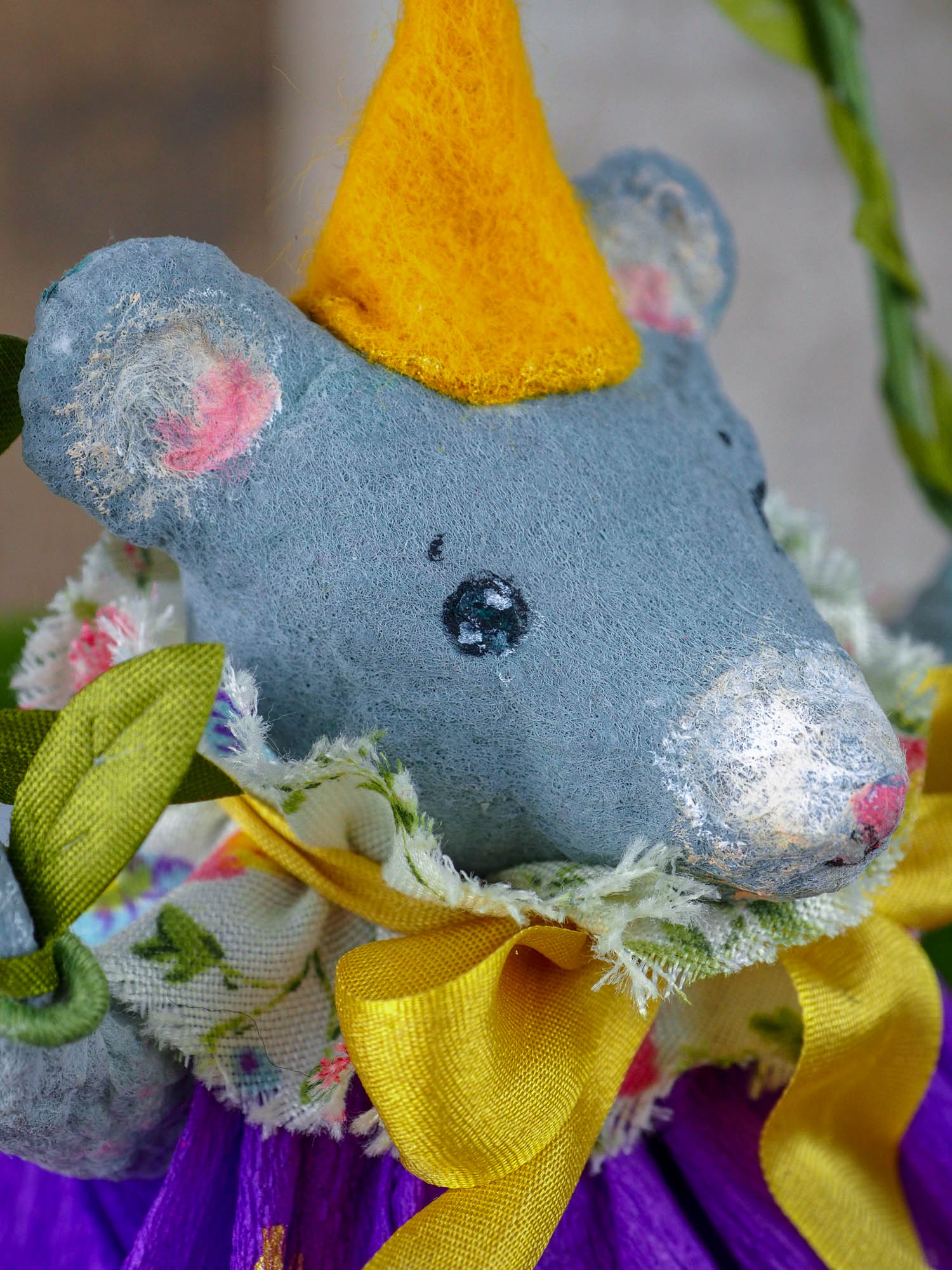 Spring always inspires Danita to make beautiful handmade decorations for when the flowers start to bloom, just like this 6" spun cotton handmade grey mouse art doll by Danita, hand painted and dressed in a hand painted polka dot paper skirt.