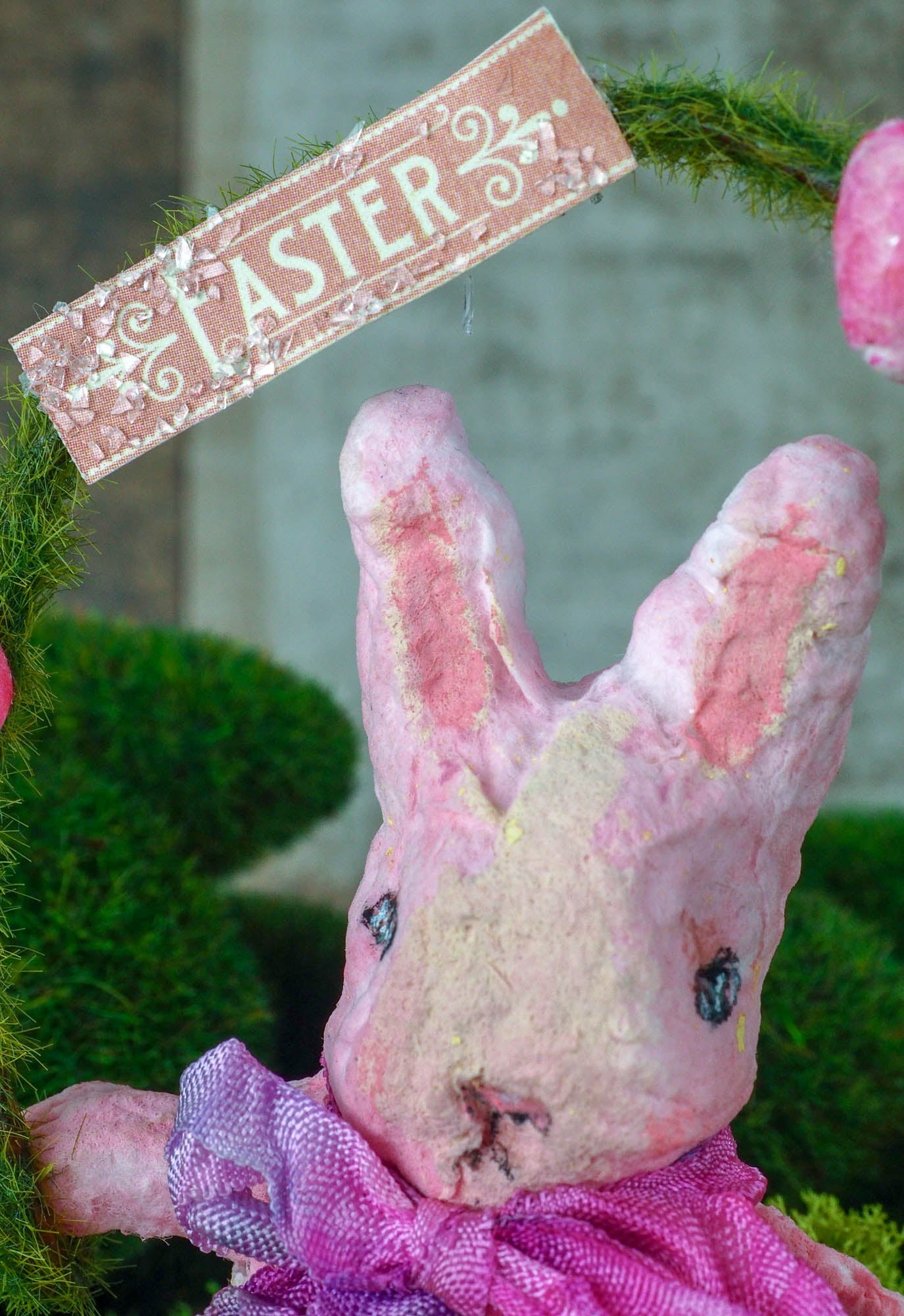 Spring always inspires Danita to make beautiful handmade decorations for when the flowers start to bloom, just like this 4" spun cotton handmade pink Easter bunny rabbit art doll by Danita, hand painted and dressed in a hand painted polka dot paper skirt.