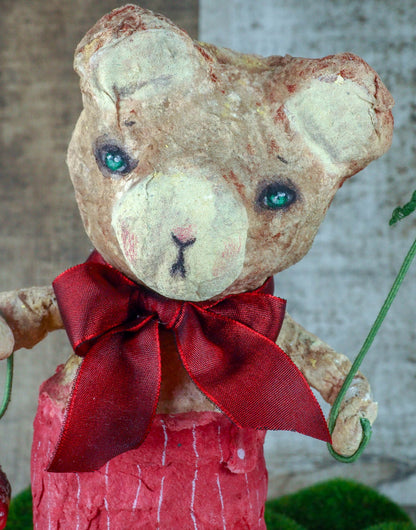 Spring always inspires Danita to make beautiful handmade decorations for when the flowers start to bloom, just like this 10" spun cotton handmade brown bear art doll by Danita, hand painted and dressed in a red jumpsuit.