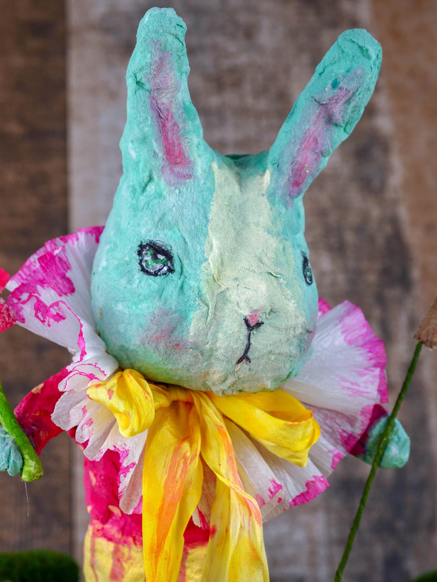 Spring always inspires Danita to make beautiful handmade decorations for when the flowers start to bloom, just like this 10" spun cotton handmade Easter bunny rabbit art doll by Danita, hand painted and dressed in a colorful yellow jumper suit.