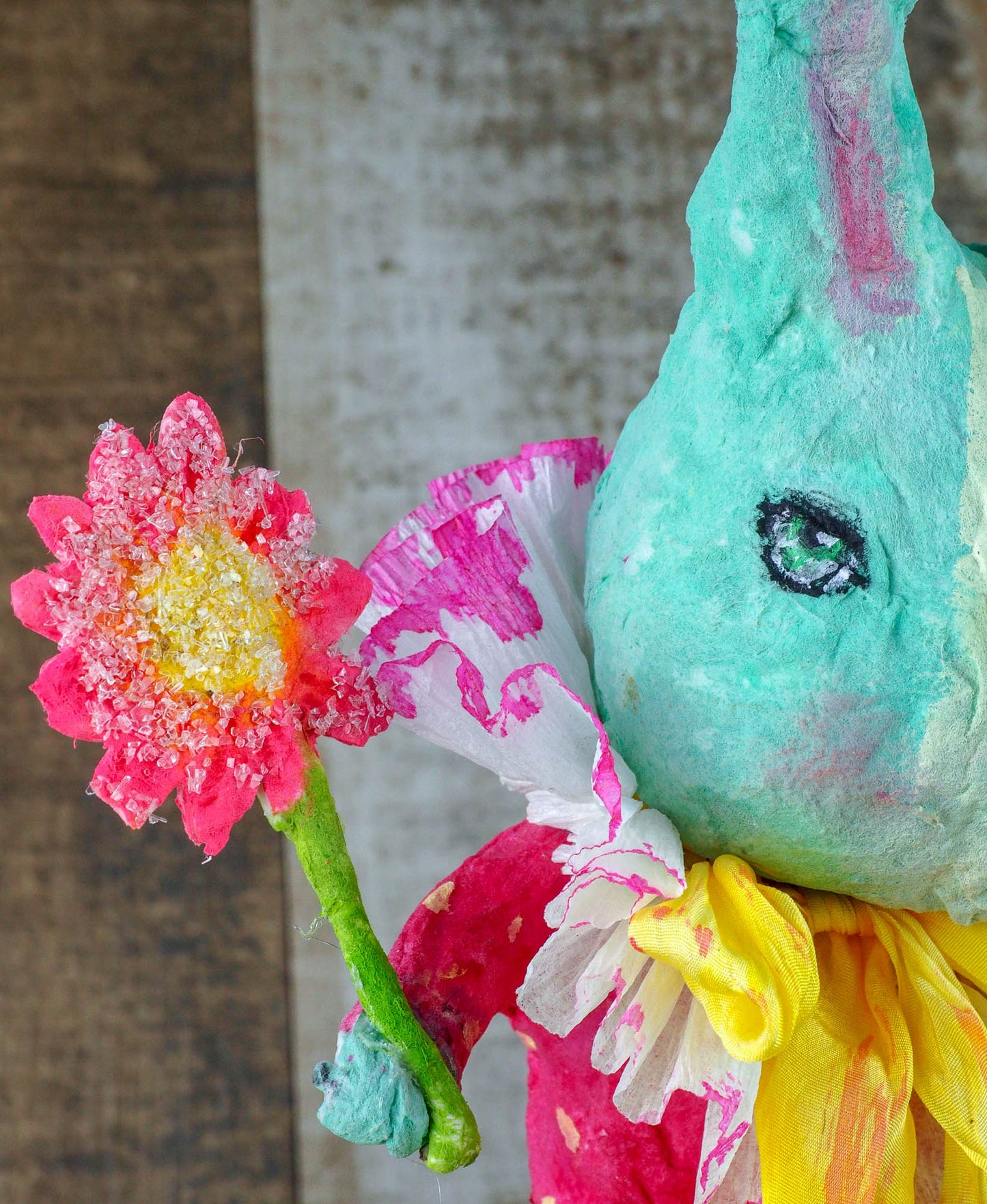 Spring always inspires Danita to make beautiful handmade decorations for when the flowers start to bloom, just like this 10" spun cotton handmade Easter bunny rabbit art doll by Danita, hand painted and dressed in a colorful yellow jumper suit.