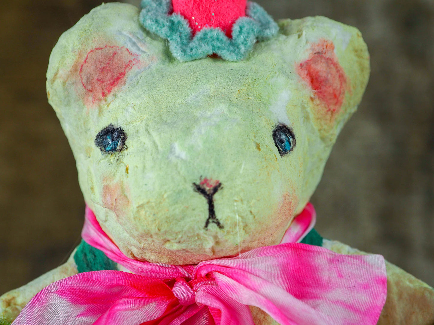 Spring always inspires Danita to make beautiful handmade decorations for when the flowers start to bloom, just like this 10" spun cotton handmade Easter bear art doll by Danita, hand painted and dressed in a blue polka dot suit.