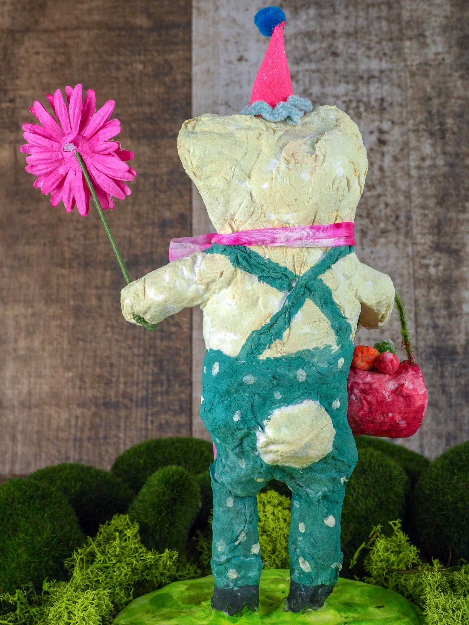 Spring always inspires Danita to make beautiful handmade decorations for when the flowers start to bloom, just like this 10" spun cotton handmade Easter bear art doll by Danita, hand painted and dressed in a blue polka dot suit.