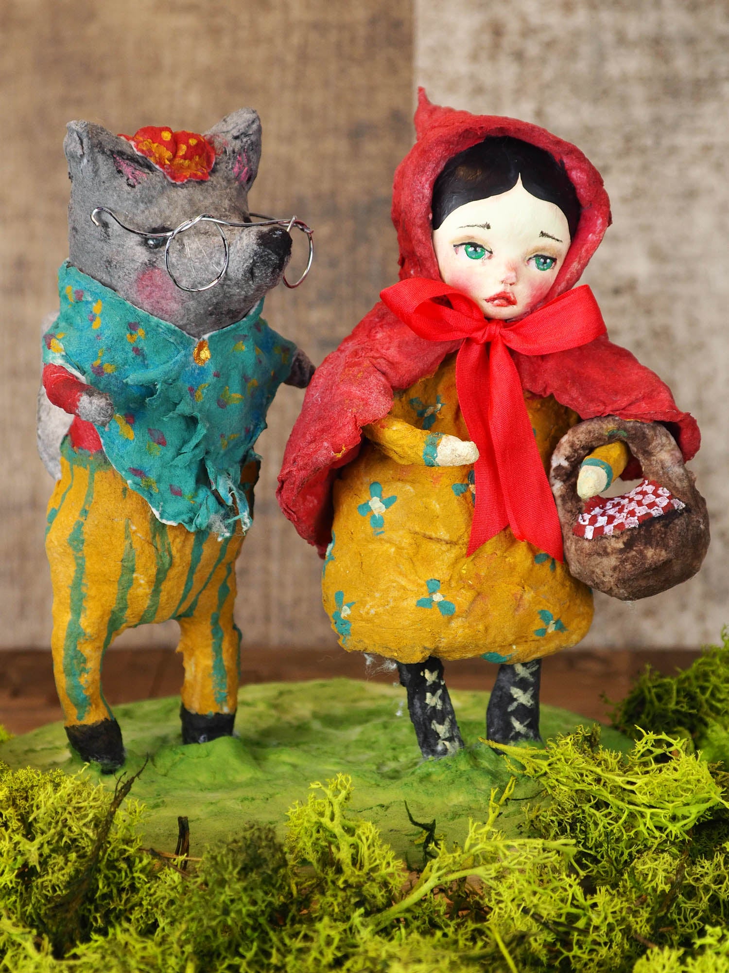 LITTLE RED RIDING HOOD AND THE BIG BAD WOLF - Original sculpted paper clay art doll by Danita, Art Doll by Danita Art