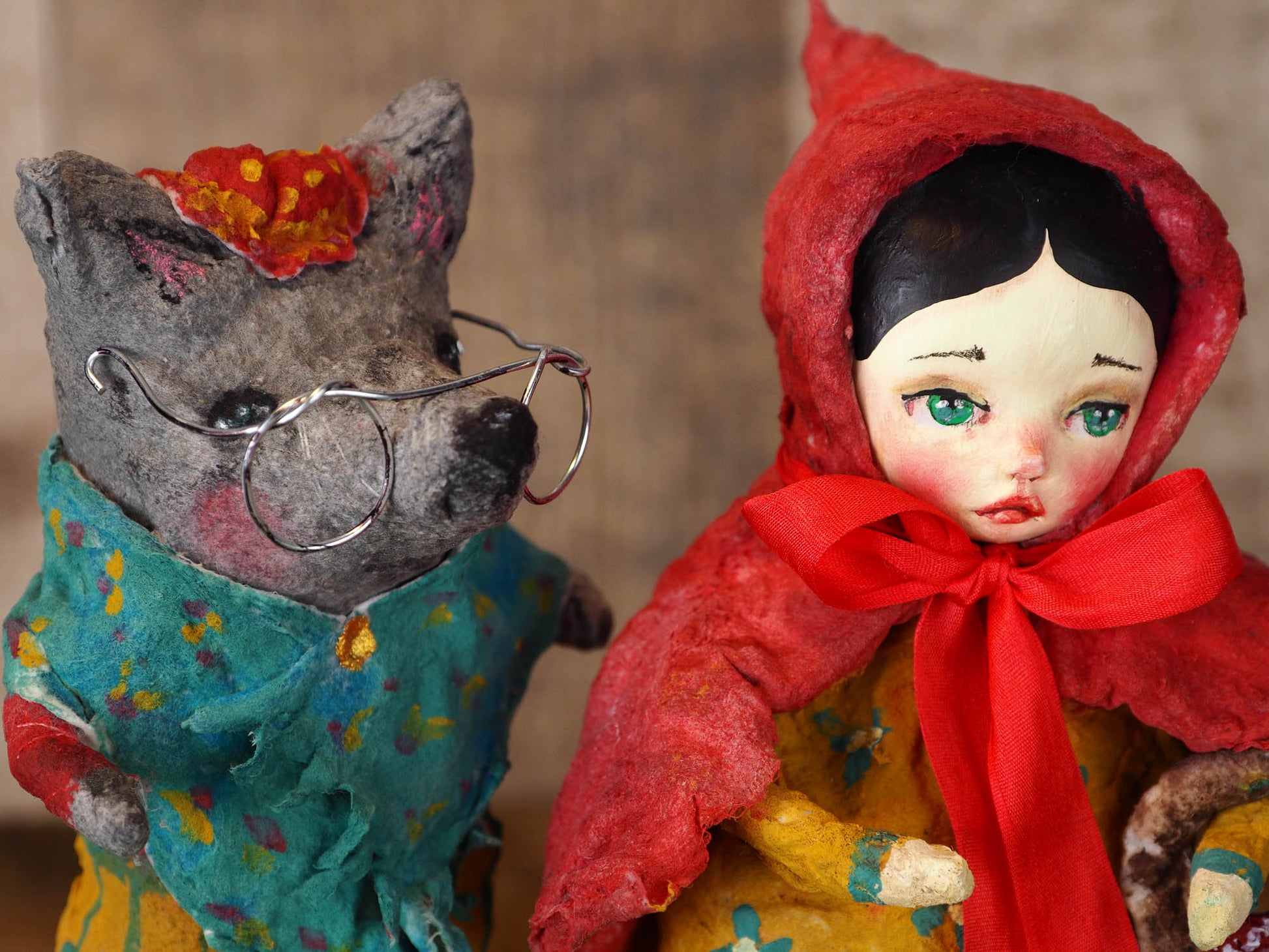LITTLE RED RIDING HOOD AND THE BIG BAD WOLF - Original sculpted paper clay art doll by Danita, Art Doll by Danita Art