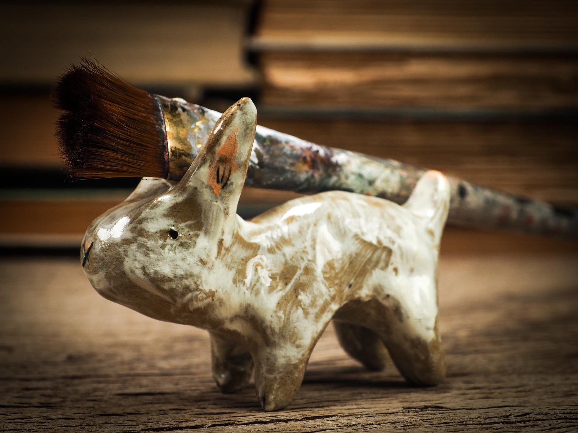 Original handmade ceramic artist color pencil brush holder rabbit by Idania Salcido, Danita Art. Unique ceramic art designed and hand built Idania Salcido beautiful handmade touch to any artist's studio with handmade glazed ceramic good for watercolors acrylics inks and oil paints. Clean with water or mineral spirits.