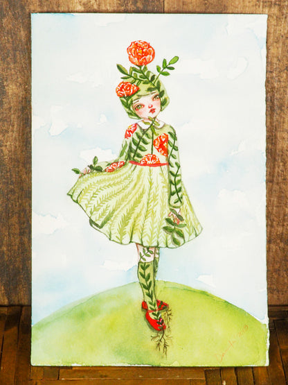 LITTLE MISS NATURE - Original flower girl watercolor by Danita Art, Original Art by Danita Art