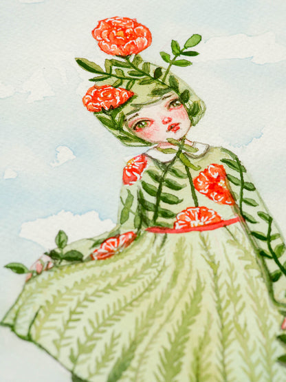 LITTLE MISS NATURE - Original flower girl watercolor by Danita Art, Original Art by Danita Art