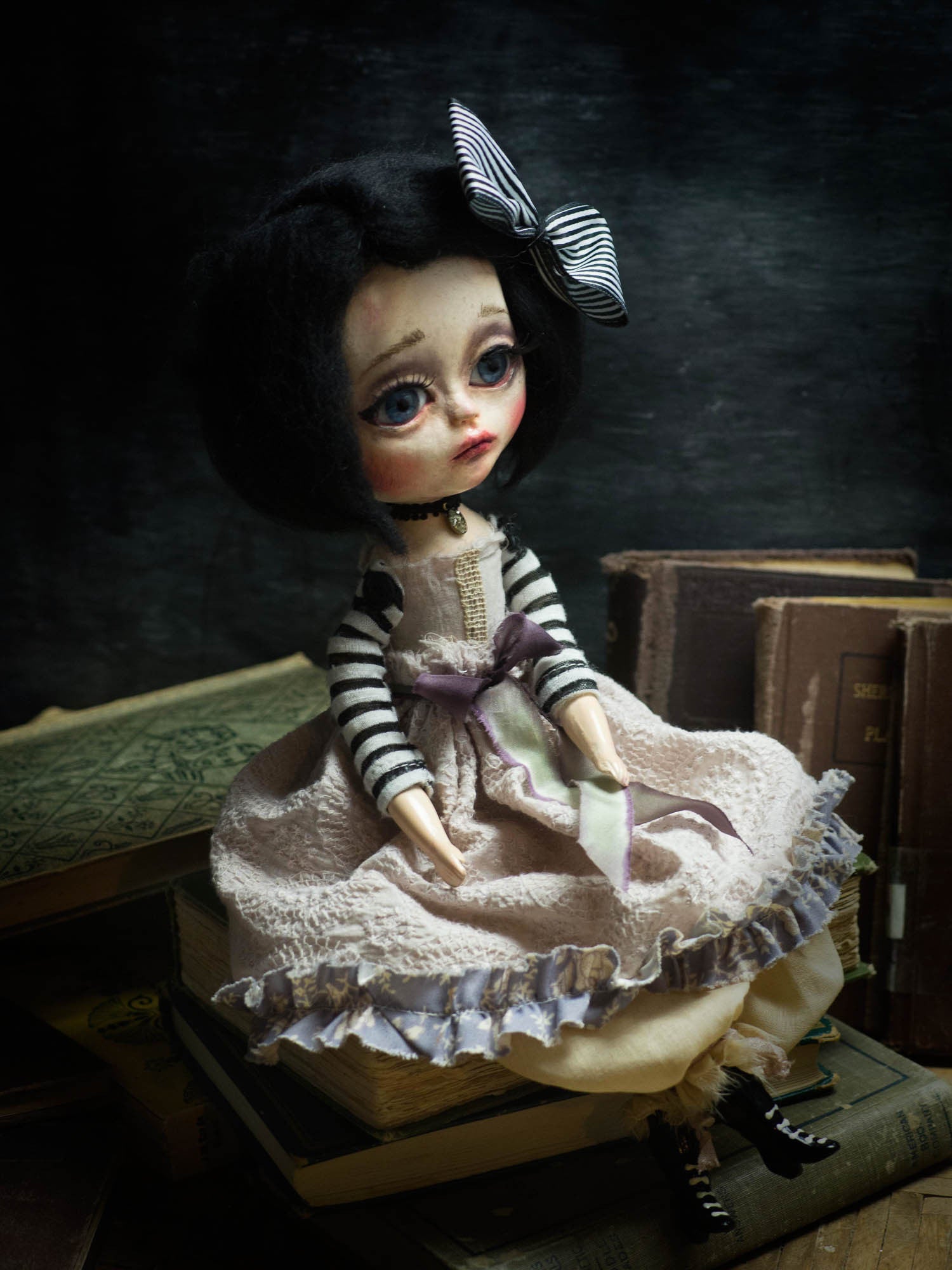 Danita beautiful handmade art doll vintage style girl with big blue glass eyes.