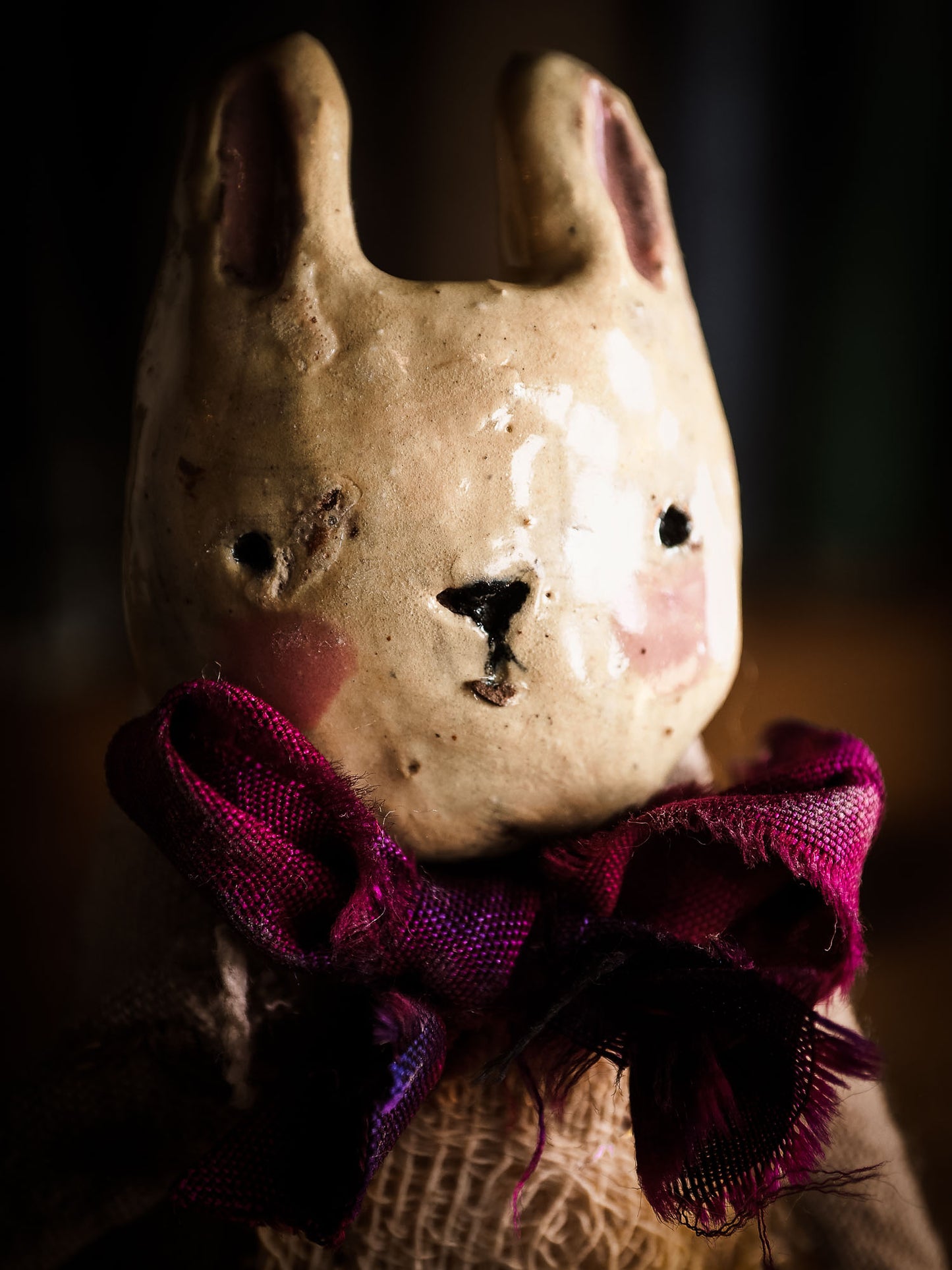 Bunny Rabbit Woodlands Soft sculpture art doll by Idania Salcido Danita Art with a Handmade ceramics face, organic dyed fabric and silk bow