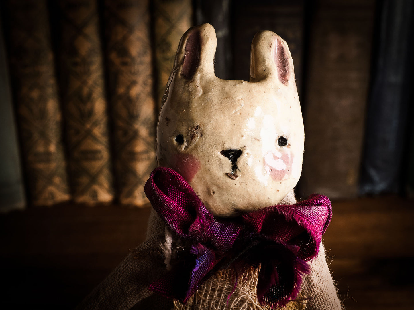Bunny Rabbit Woodlands Soft sculpture art doll by Idania Salcido Danita Art with a Handmade ceramics face, organic dyed fabric and silk bow