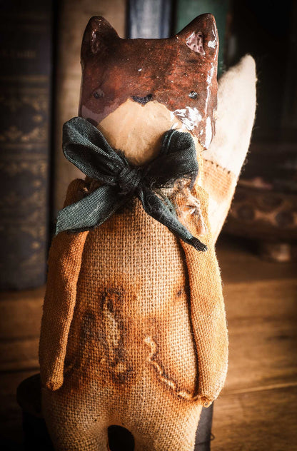 Red Fox Woodlands Soft sculpture art doll toy by Idania Salcido Danita Art with a Handmade ceramics face, organic dyed fabric and silk bow