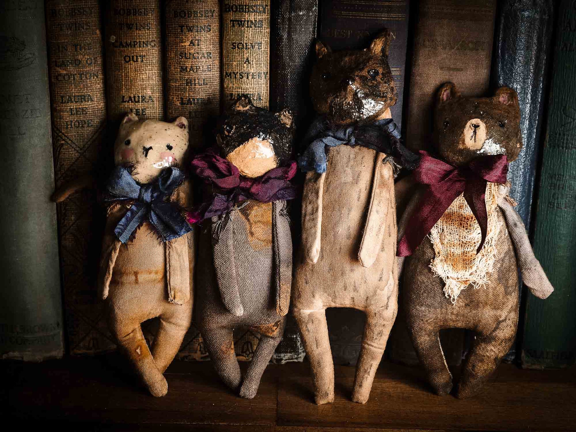 Woodlands Collection Of Unique Soft sculpture art doll by Idania Salcido Danita Art with a Handmade ceramics face, organic dyed fabric and silk bows