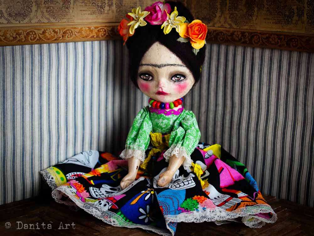 Frida and the skulls, Art Doll by Danita Art