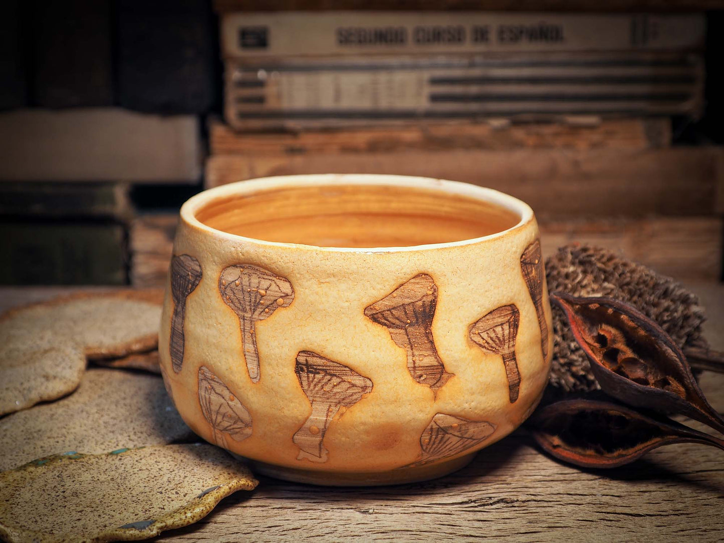 This handmade ceramic jar with lid was created by me, Idania Salcido, the artist behind Danita Art on my studio with lots of love. It features sgraffito mushrooms with beautiful warm color glaze and mushrooms on the lid. It will be perfect to keep everything you love safe and away from prying eyes.