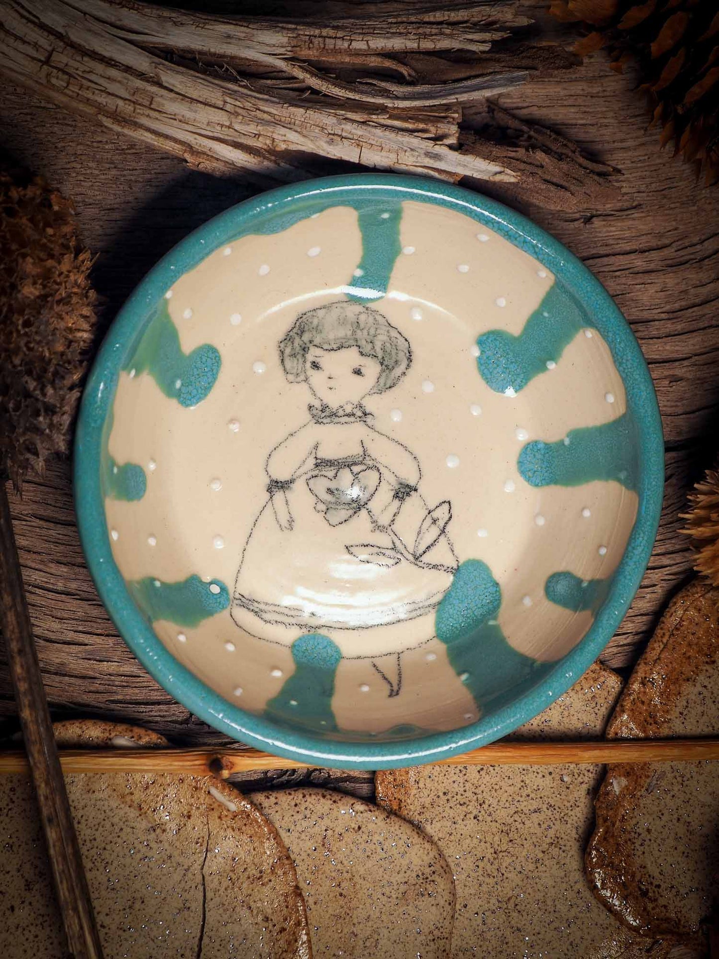 This one of a kind hand made, glazed ceramic cake plate is hand sculpted, painted and glazed by me, Idania Salcido, the artist behind Danita Art, using my very own kiln. The painting underneath the food safe glaze has a dreamy, watercolor feel to it, with a touch of vintage, so they look old, worn out.