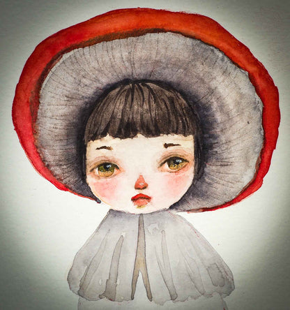 This series of original watercolors portraits by me, Idania Salcido, the artist behind Danita Art, depicts a group of faeries, or maybe girls, playing as mushrooms, with their caps as hats, my signature beautiful and expressive eyes, and capes as their clothes. They are ready to be framed as soon as they arrive!