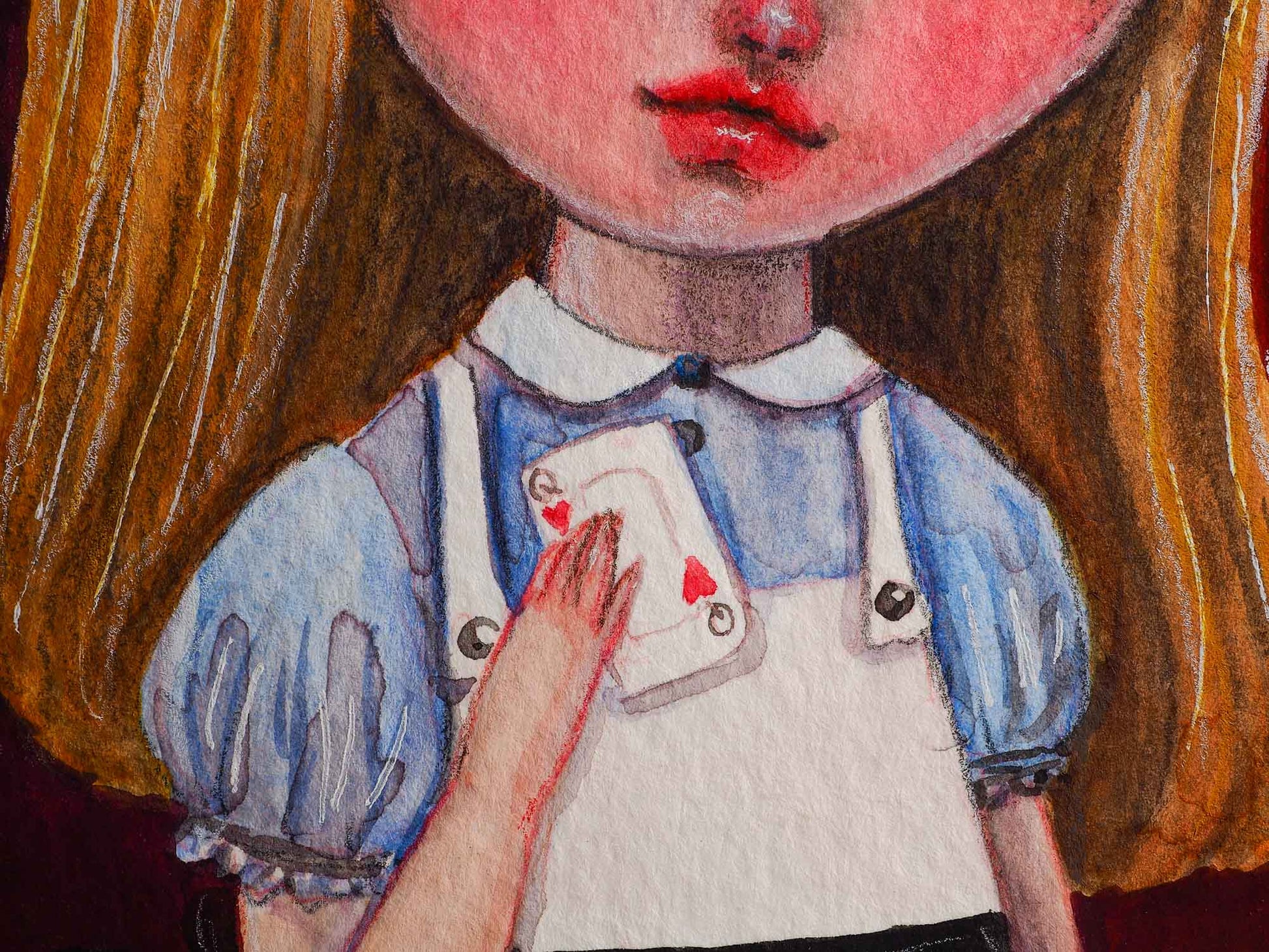 An original watercolor on paper painting by Idania Salcido The Artist behind Danita Art. Alice is holding a real playing card with the queen of hearts.
