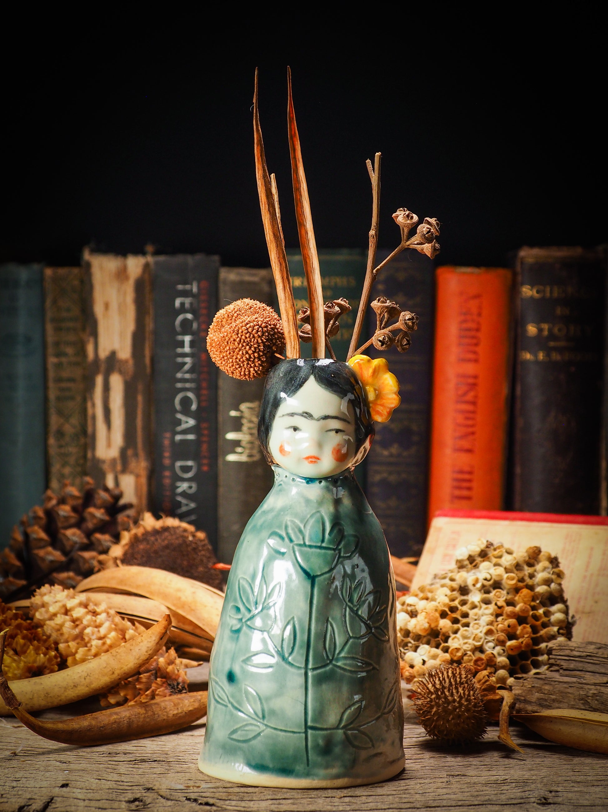 Original handmade ceramic flower vase,  artist brush and pencil holder by Idania Salcido, Danita Art. Frida Kahlo with flowers in her head and sgraffito body details. Handmade touch to any artist's studio with handmade glazed ceramic good for watercolors acrylics inks and oil paints. Clean with water or mineral spirits.