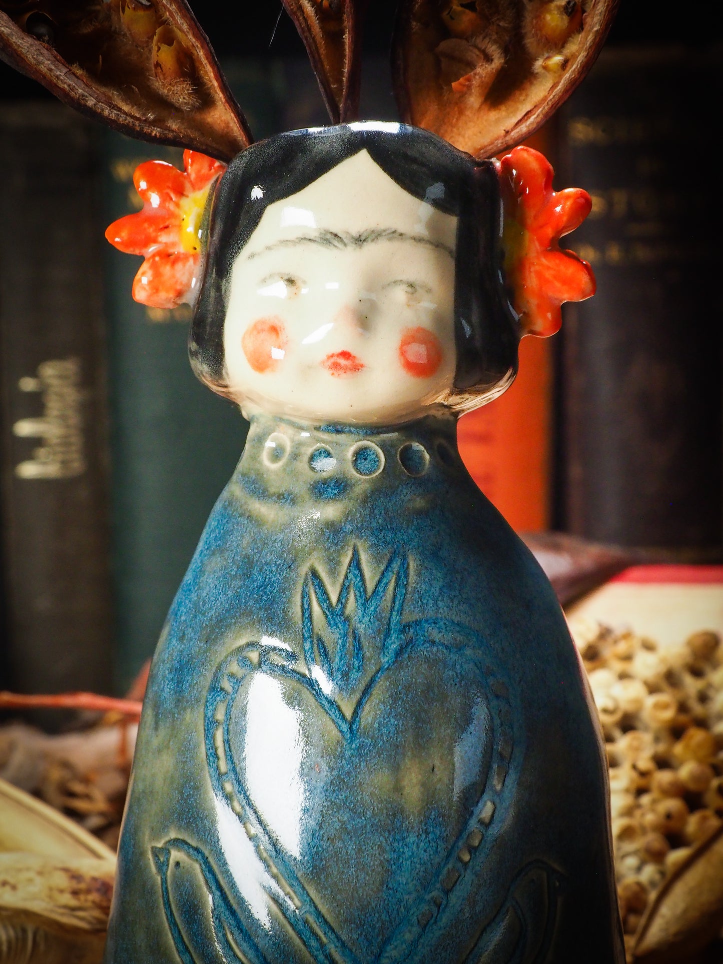 Original handmade ceramic flower vase,  artist brush and pencil holder by Idania Salcido, Danita Art. Frida Kahlo with flowers in her head and sgraffito body details. Handmade touch to any artist's studio with handmade glazed ceramic good for watercolors acrylics inks and oil paints. Clean with water or mineral spirits.