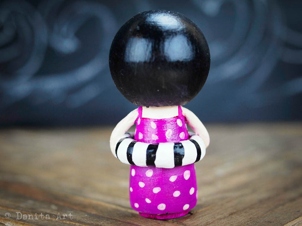 Rose, the pink summer beach kokeshi doll, Miniature Dolls by Danita Art