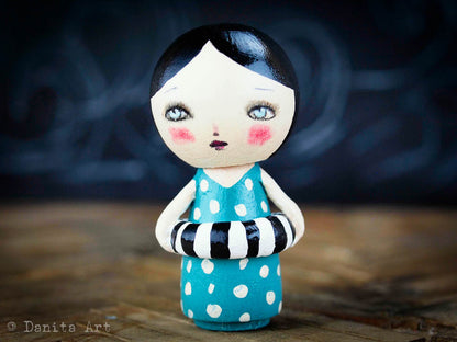 Gwen, the aqua summer beach kokeshi doll, Miniature Dolls by Danita Art