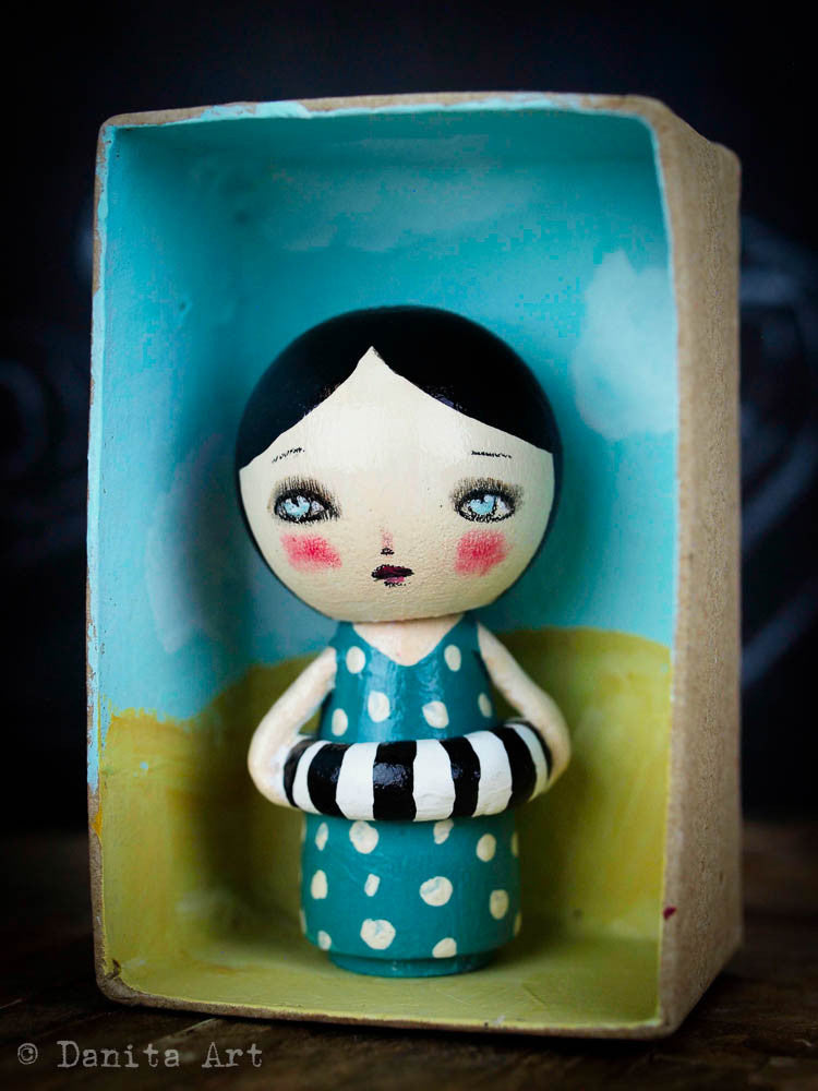 Gwen, the aqua summer beach kokeshi doll, Miniature Dolls by Danita Art