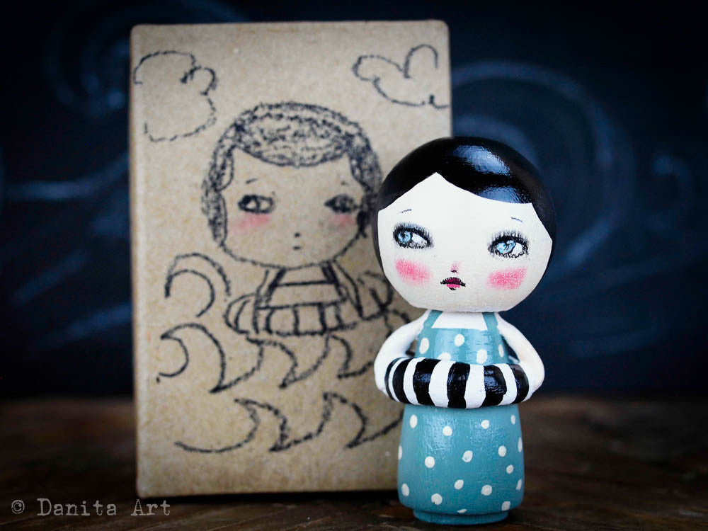 Galia, the teal summer beach kokeshi doll, Miniature Dolls by Danita Art