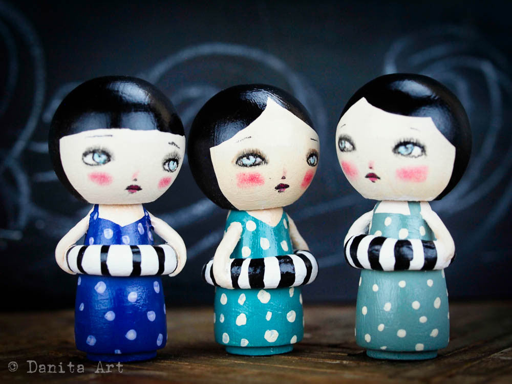 Galia, the teal summer beach kokeshi doll, Miniature Dolls by Danita Art