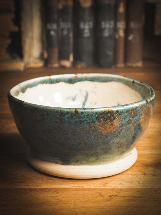 An original Idania Salcido Danita Art ceramic cat pet food plate. Handmade from stoneware, this glazed ceramics one of a kind artwork is perfect for any kitchen plate and bowls unique collection. Thumbprints and  intentionally irregular shape give the bowl a cozy, warmly familiar feel when you pick it. Birds in a tree and a beautiful girl painted in blue underglaze make this a beautiful unique piece.