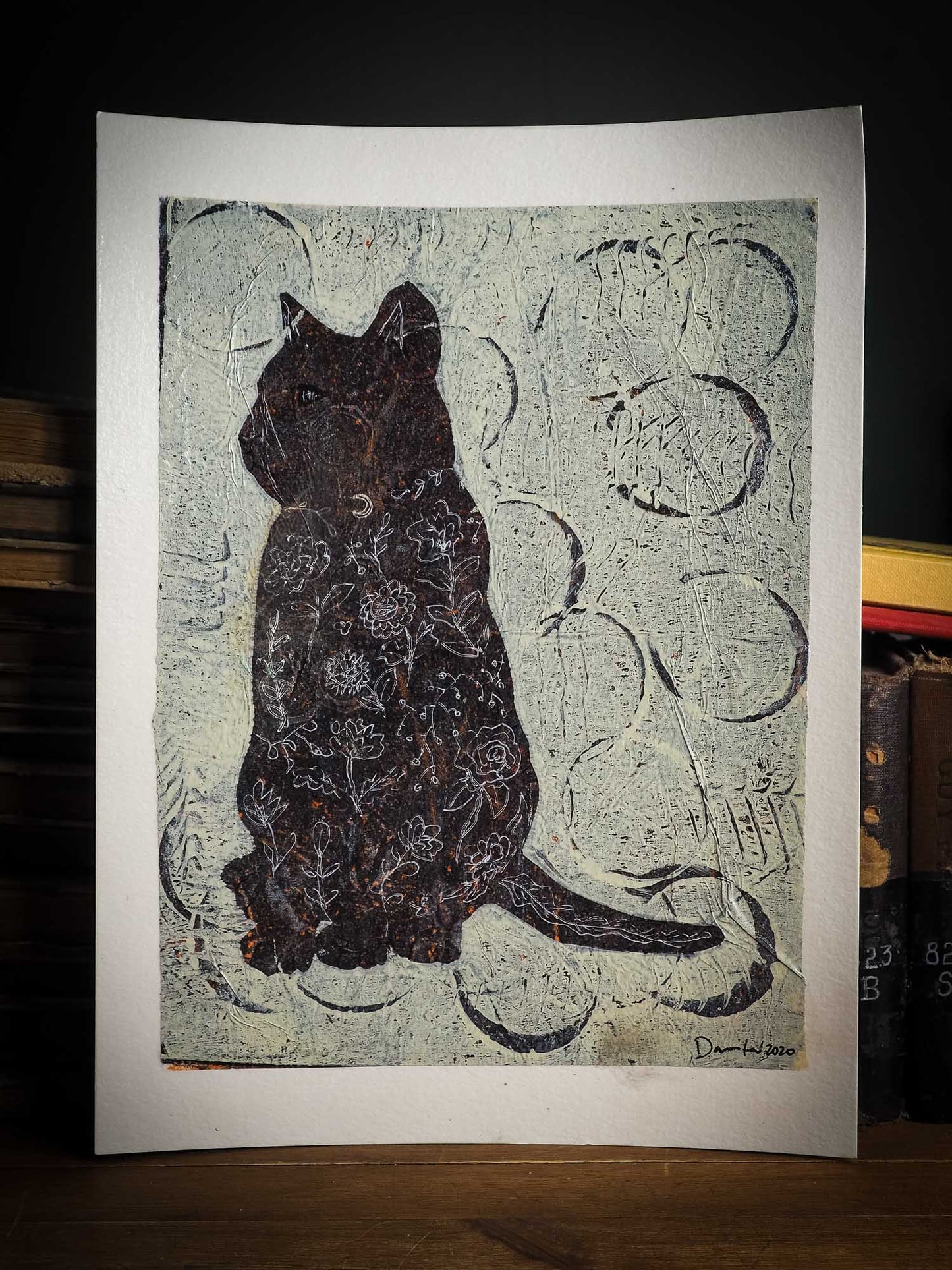 An original monoprint cat painting by mixed media artist Idania salcido the artist behind Danita Art