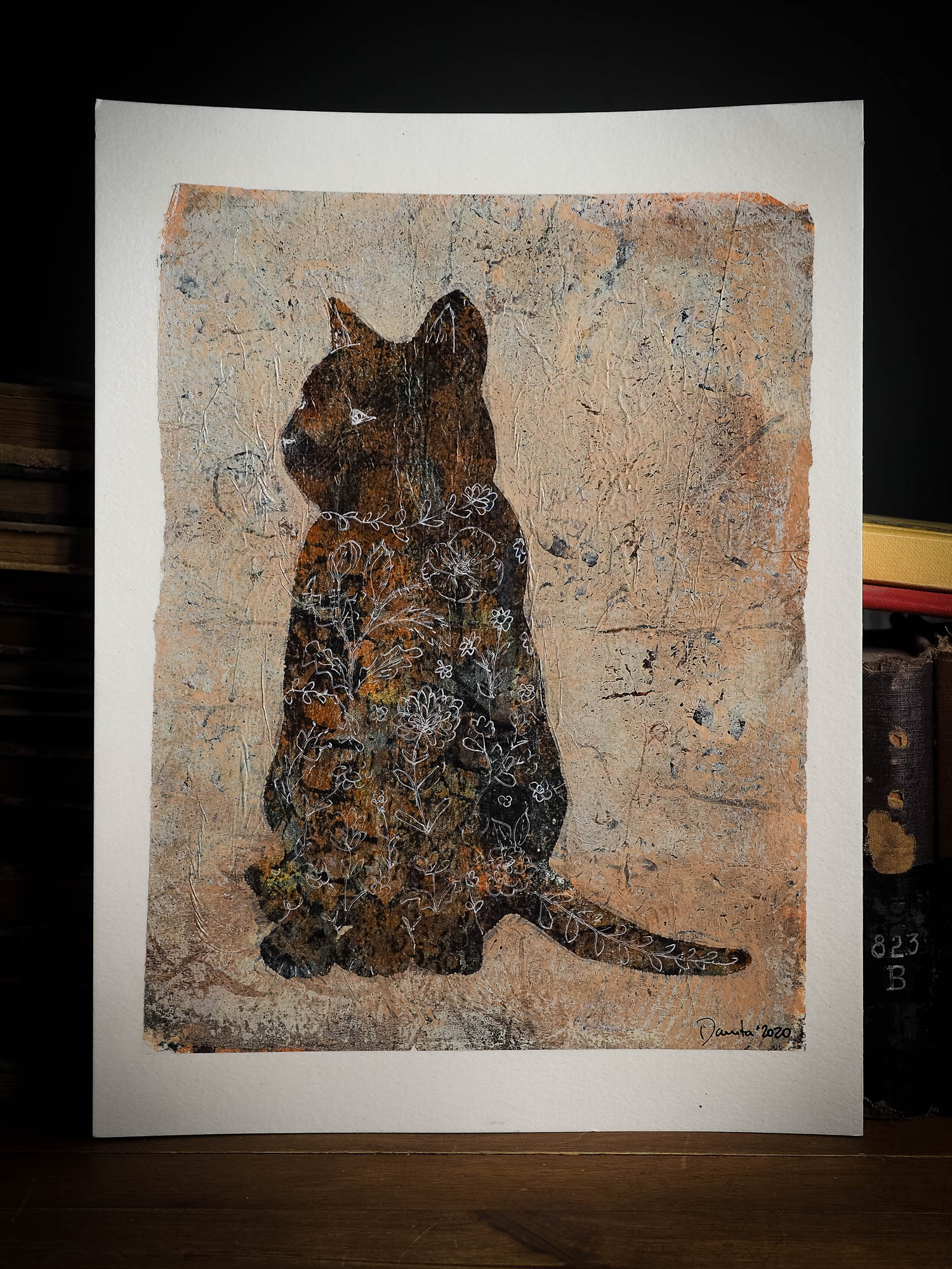 Beautiful monoprint painting in mixed media cat pet portrait by Idania salcido the artist behind Danita Art