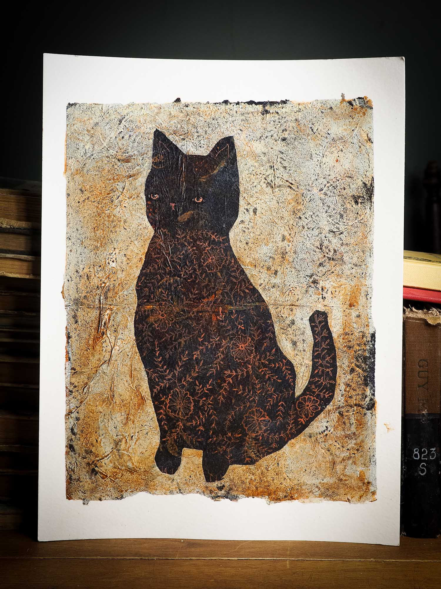 Beautiful monoprint painting in mixed media cat pet portrait by Idania salcido the artist behind Danita Art