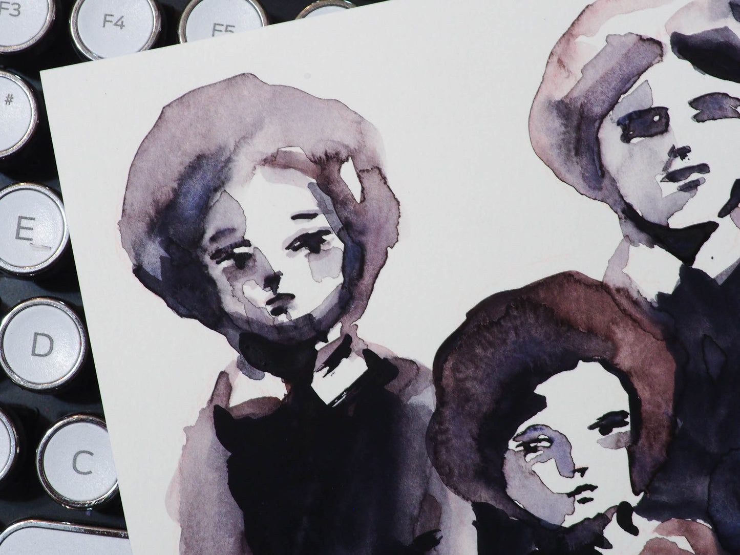 Original watercolor painting on paper by Danita Art. A vintage family portrait of four women got transformed into a beautiful watercolour painting ready to be framed and treasured as a family heirloom.