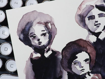 Original watercolor painting on paper by Danita Art. A vintage family portrait of four women got transformed into a beautiful watercolour painting ready to be framed and treasured as a family heirloom.