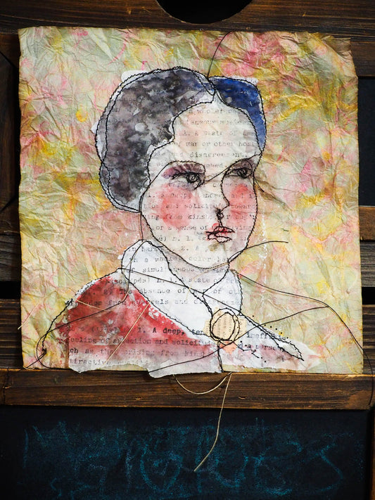 An original mixed media textile art female vintage portrait by Danita Art. Fabric paper, thread, acrylics, watercolor and inks mix to create a beautiful textile mixed media frameable work of art.