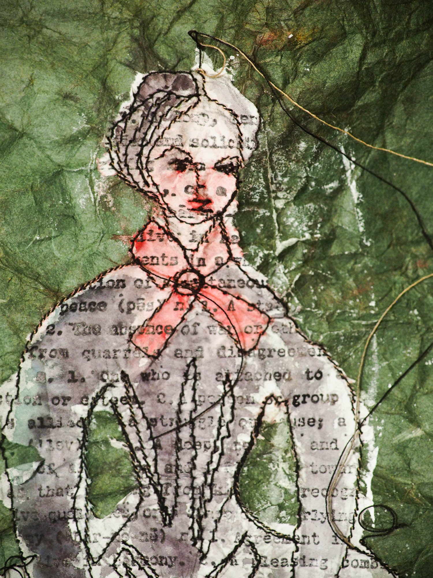 An original mixed media textile art female vintage portrait by Danita Art. Fabric paper, thread, acrylics, watercolor and inks mix to create a beautiful textile mixed media frameable work of art.