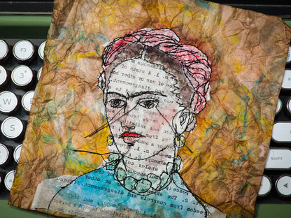 Freehand embroidery painting by Danita Art. Sewing using free motion stitching and embroidery, Danita created a beautiful textile and fabric art original artwork with famous Mexican artist Frida Kahlo featured in a one of a kind portrait.