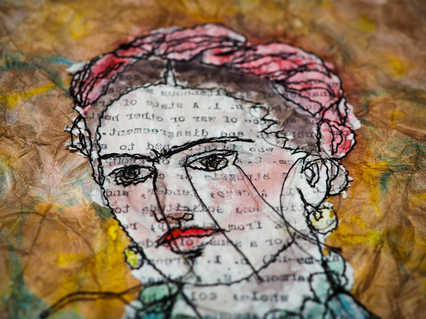 Freehand embroidery painting by Danita Art. Sewing using free motion stitching and embroidery, Danita created a beautiful textile and fabric art original artwork with famous Mexican artist Frida Kahlo featured in a one of a kind portrait.